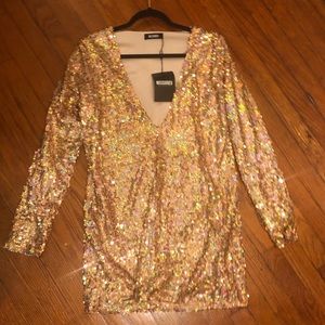 Gold sequin dress with plunge neckline